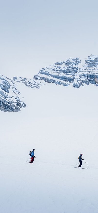 Eine Gruppe von Skifahrern gleitet durch frischen Schnee in bergiger Landschaft. | © Markus Rohrbacher