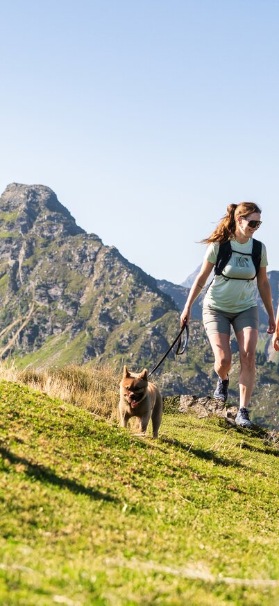 Zwei Frauen mit Hund beim Durchqueren eines Weidezauns am Wanderweg mit sonnigem Bergpanorama. | © Josh Absenger