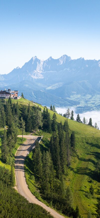 Grüne Hochwurzen-Gipfelkulisse mit Hütte, Bergstraße und Blick auf das Ennstal und das Dachsteinmassiv | © Josh Absenger