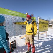 Snowshoers at the trail head for snowshoeing & horse-drawn-sleigh rides in Rohrmoos
