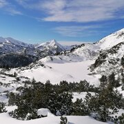 Winterlandschaft mit Blick auf den verschneiten Plannersee