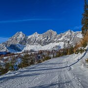 Kurz vor der Brandalm am Skiweg mit Blick auf das Dachsteinmassiv und das darunterliegende Almgebiet