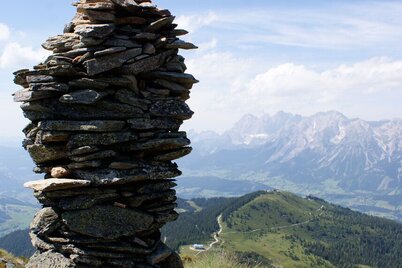 The iconic "Stoamandl" (stone man) at the summit of Krahbergzinken